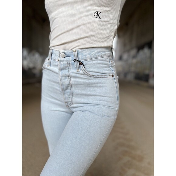 Levis Premium Women Denim Jean 28 Ribcage Straight Ankle Blue High Rise Wide Leg - Picture 6 of 16